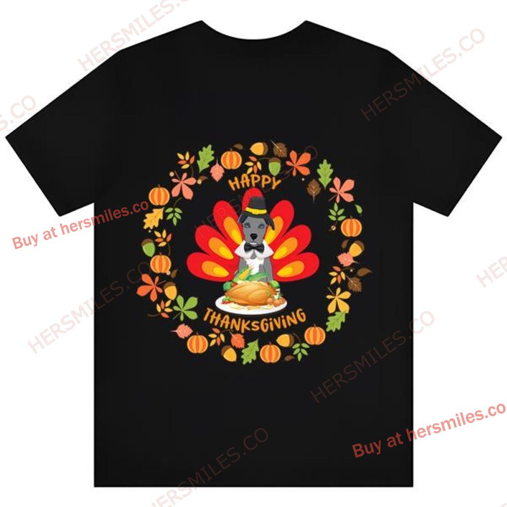 Happy Thanksgiving Blue Nose Pitbull Pup Turkey Fall Leaves T-Shirt