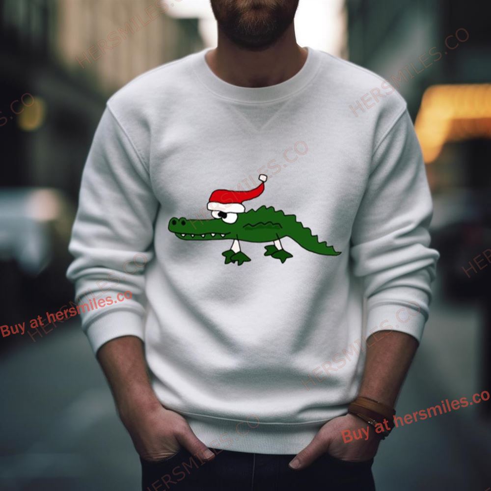 Funky Cool Green Alligator With Santa Hat Christmas Art Shirt
