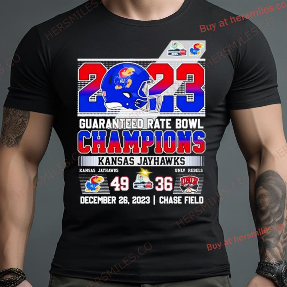 Kansas Jayhawks Guaranteed 2023 Rate Bowl Champions Rock Chalk 49 36 Unlv Rebels Shirt