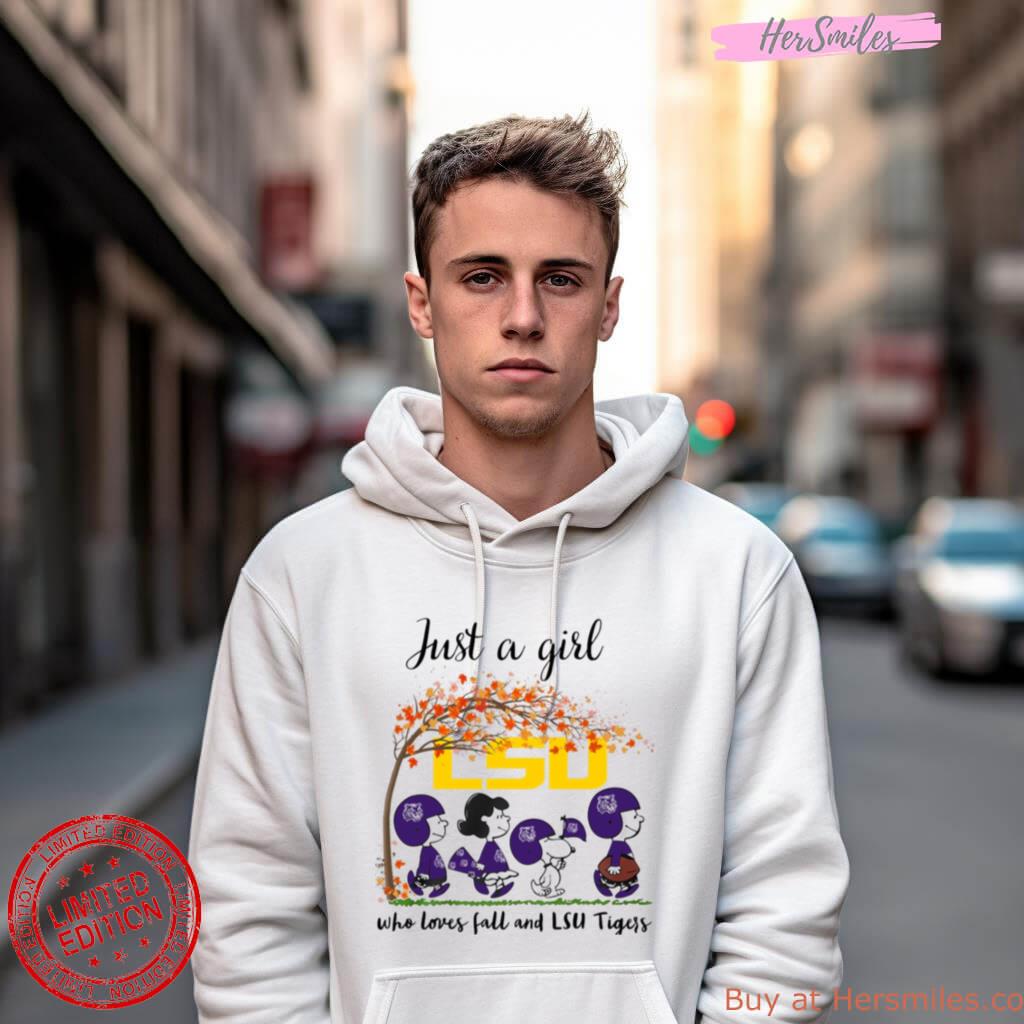 Just A Girl Who Loves Fall And Lsu Tiger Peanuts Cartoon Halloween Shirt Just A Girl Who Loves Fall And Lsu Tiger Peanuts Cartoon Halloween Shirt