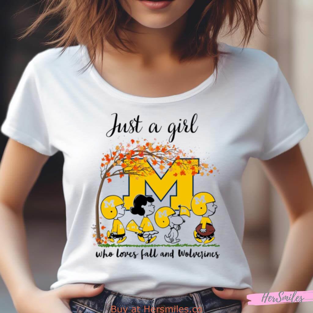 Just A Girl Who Loves Fall And Michigan Wolverines Peanuts Cartoon Halloween Shirt Just A Girl Who Loves Fall And Michigan Wolverines Peanuts Cartoon Halloween Shirt