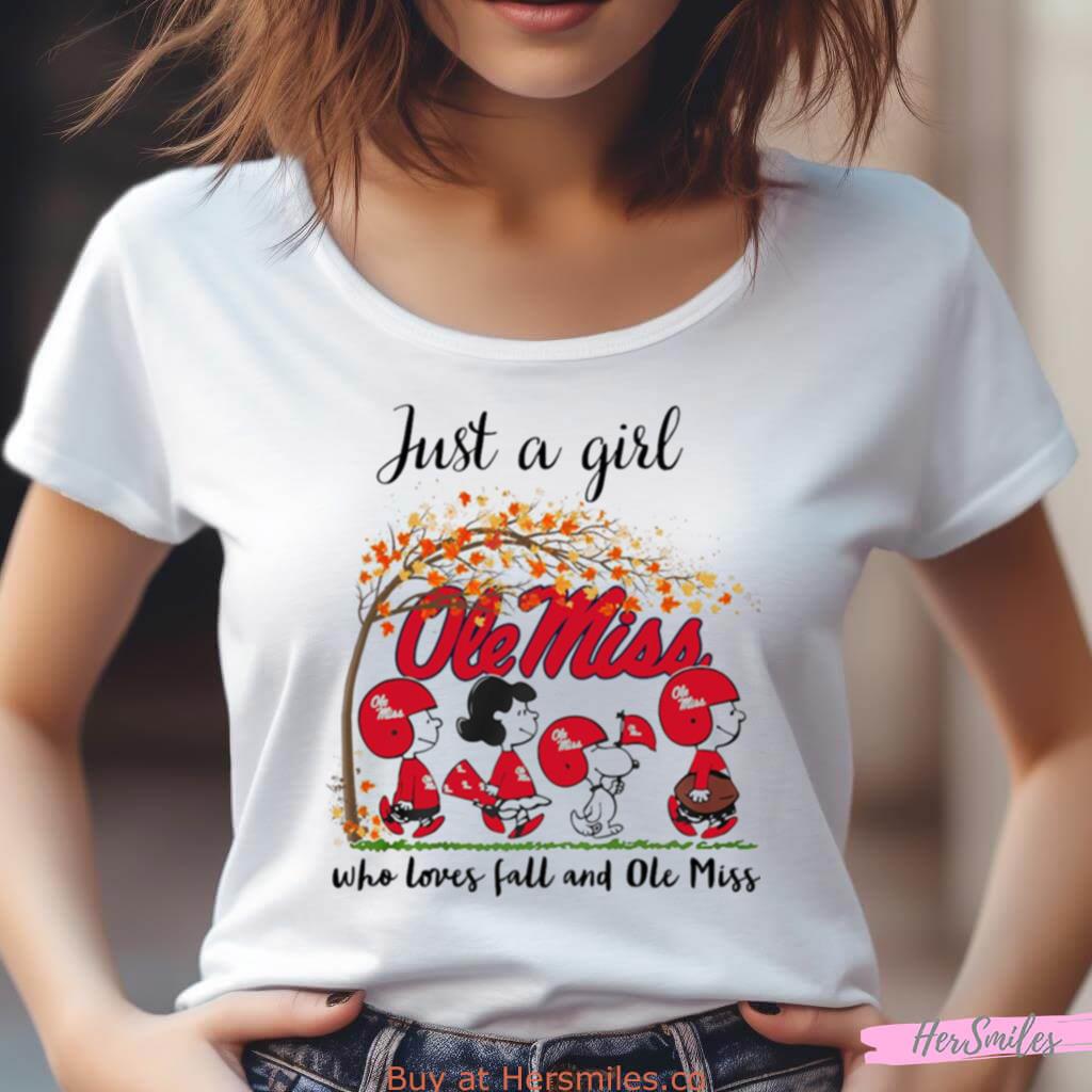 Just A Girl Who Loves Fall And Ole Miss Peanut Cartoon Halloween Shirt Just A Girl Who Loves Fall And Ole Miss Peanut Cartoon Halloween Shirt