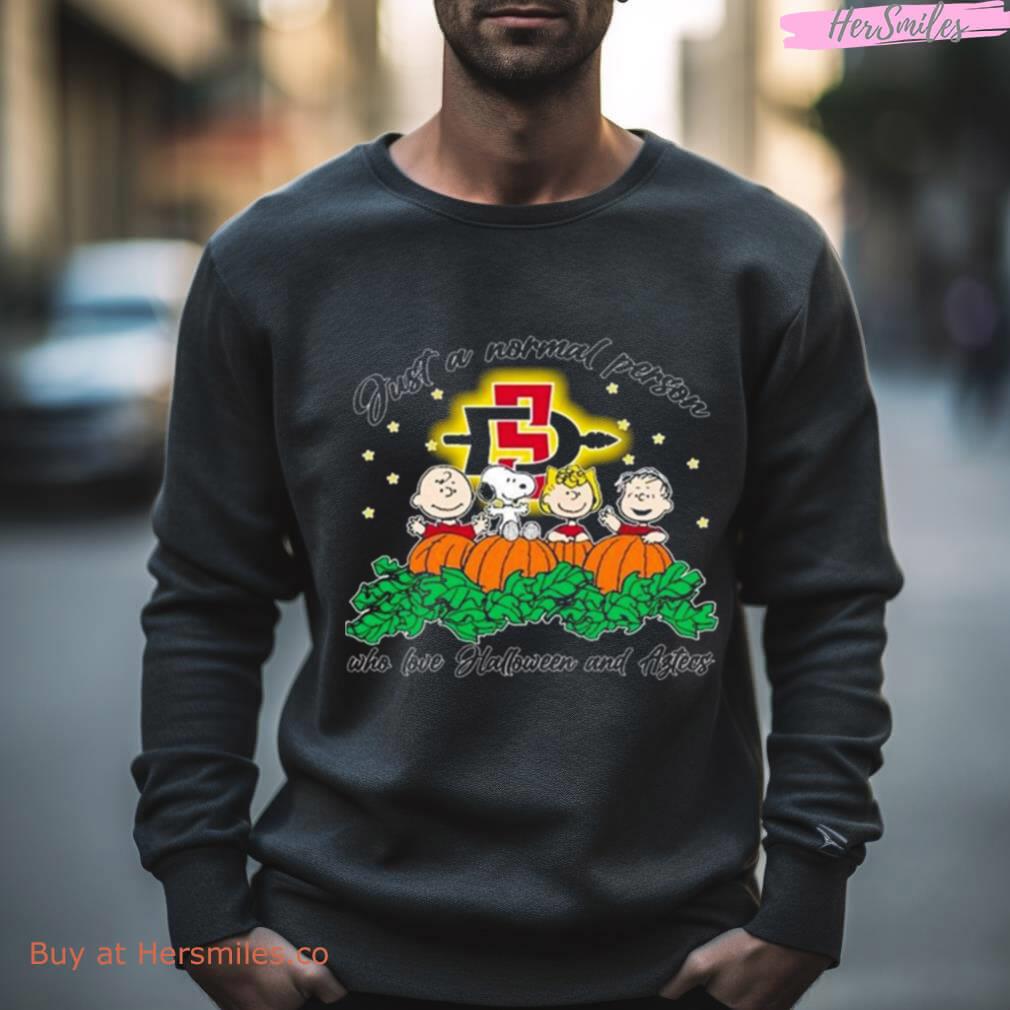Peanuts Just A Normal Person Who Love Halloween And San Diego State Aztecs Logo 2023 Shirt