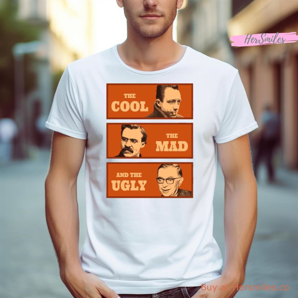 Maglietta Uomo Bianca Camus Nietzsche Sartre Cool Mad Ugly | T-Shirt Girocollo Filosofica Umoristica | Stampa Di Qualità Made In Europe