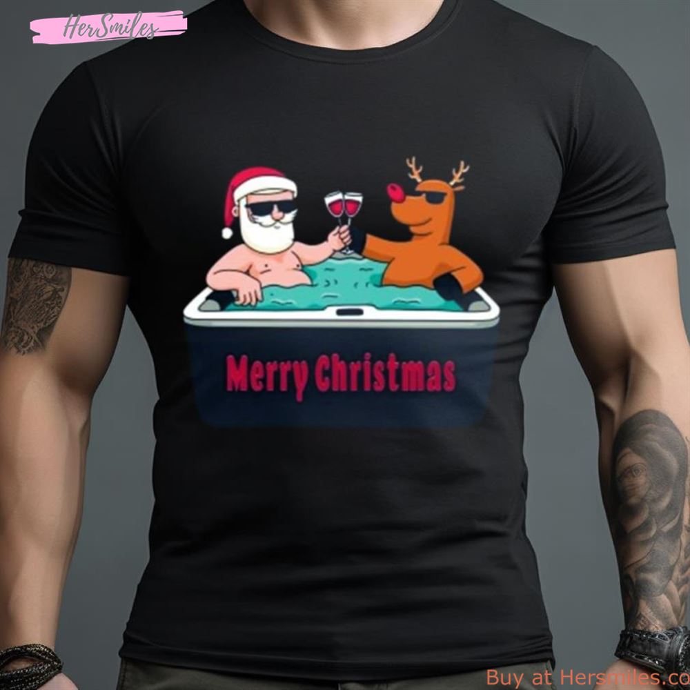 Merry Christmas In July Santa Claus Reindeer Wine Glasses Shirt