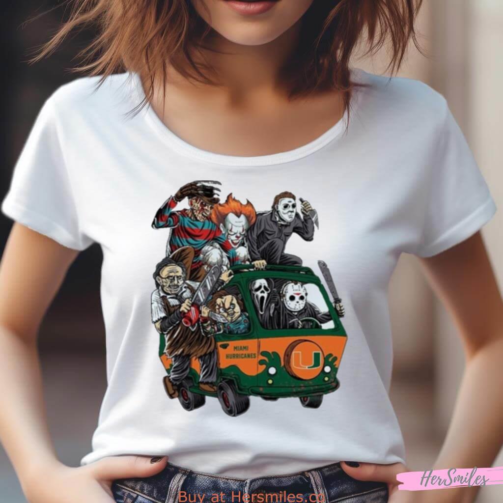 Miami Hurricanes Horror Movies Characters Bus Halloween 2023 Shirt Miami Hurricanes Horror Movies Characters Bus Halloween 2023 Shirt