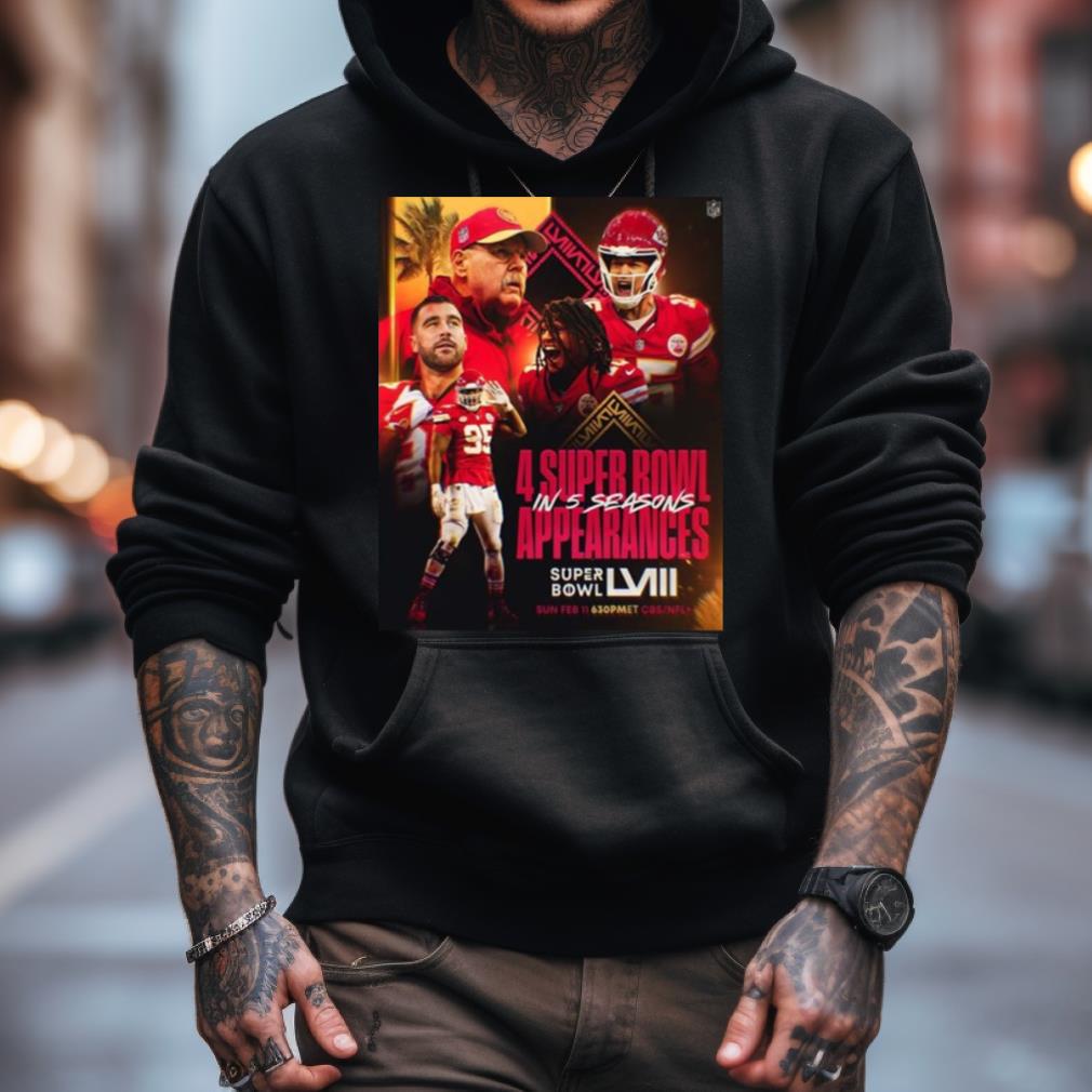 Kansas City Chiefs Get 4 Super Bowl In 5 Seasons Appearances With Afc Champions Nfl Playoffs Season 2023 2024 T Shirt Kansas City Chiefs Get 4 Super Bowl In 5 Seasons Appearances With Afc Champions Nfl Playoffs Season 2023 2024 T Shirt