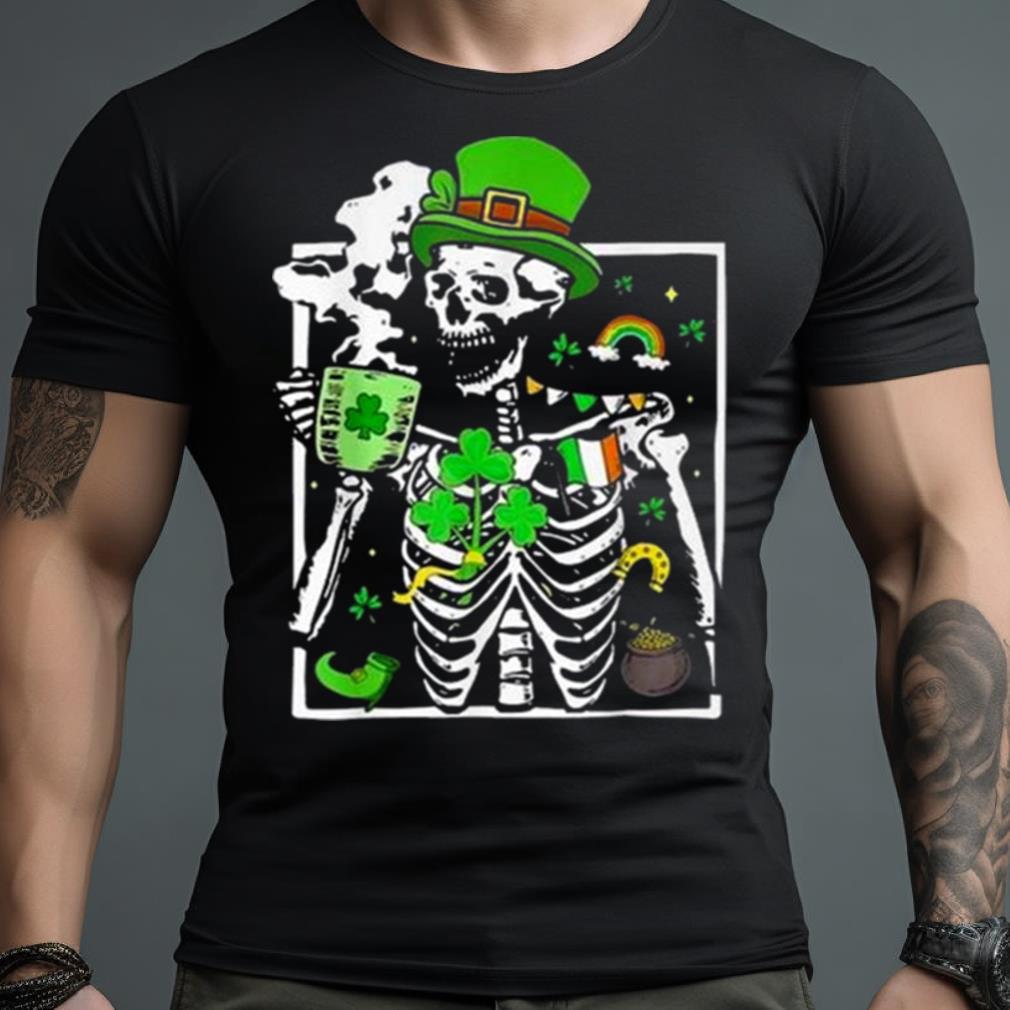 St. Patricks Day Skeleton Shamrock Skull Drinking Coffee Latte Long Shirt